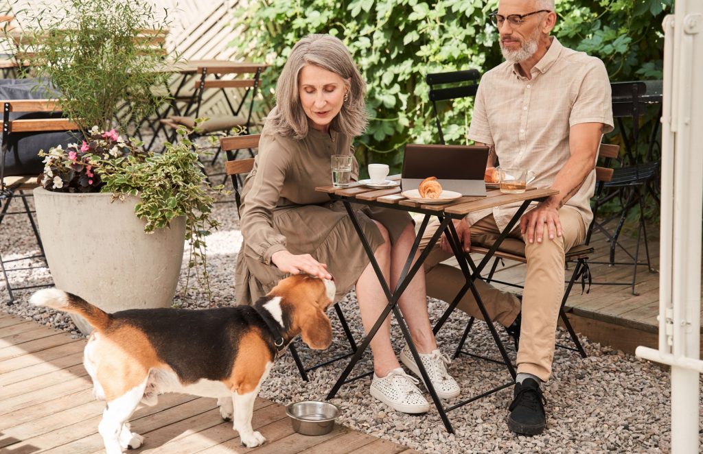 A couple sitting outside in a café with a dog.
